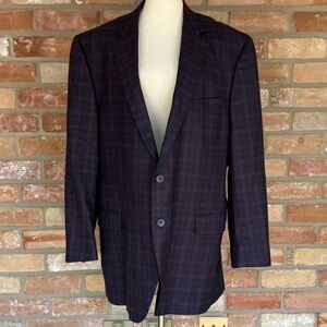 Peter Miller Navy and Maroon Plaid Wool Blazer 48L